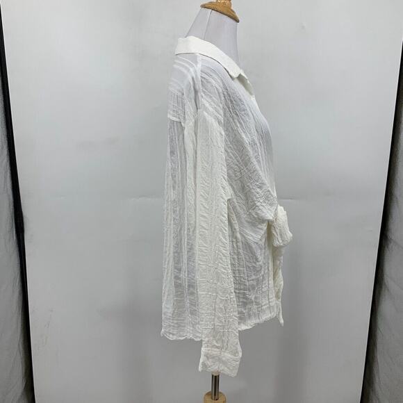 G.P.D. Blouse Womens L Large White Crinkled Button Front Tie Waist Long Sleeve - Picture 4 of 10